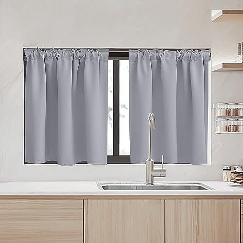 Image of RYB HOME Kitchen Window Curtains - Blackout Privacy Half Window Curtains for Bedroom Bathroom Dining Living Room Cafe Office Short Tiers Drapes, W 34 x L 36 inches, 2 Panels, Silver Grey