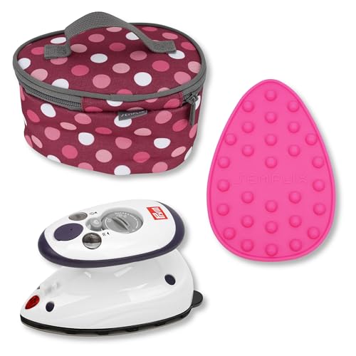 SEMPLIX Prym Mini-Bügeleisen Bundle Kompaktes Set mit Mini-Dampfbügeleisen Silikonablage & Reisebügeleisentasche ideal für Nähen & Quilten Design Polka Dots (Berry)
