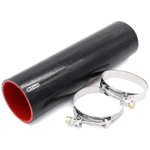 Image of 3 inch ID (76mm) Straight Silicone Hose Coupler 12 inch Long, 4-Ply Reinforced 5mm Thick, Straight Turbo Intake Pipe with 2 X Stainless T-Bolt Clamps - for Intercooler, Charge Pipe, Air Intake