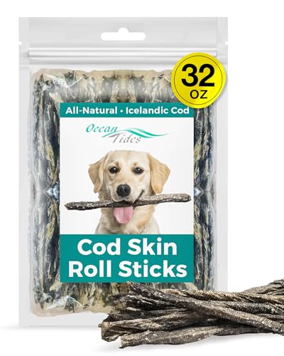 Ocean Tides Cod Skins for Dogs and Cats 32 Oz - Icelandic Atlantic Fish Skin Treats, Dried Lean Crunch Sticks Chews, Single Ingredient Healthy Treat for Dogs, Crunch Fish Sticks for Puppies and Cats