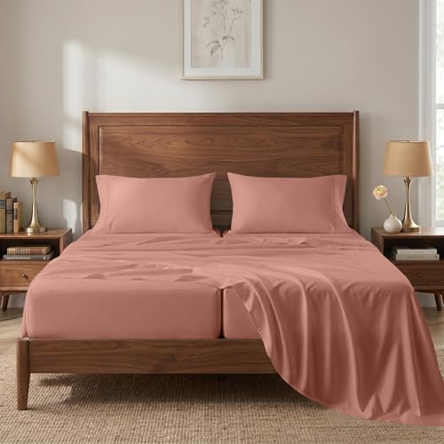 Image of 450TC 100% Cotton Split King Sheet Set - Silky Sateen Weave, Rose Dawn