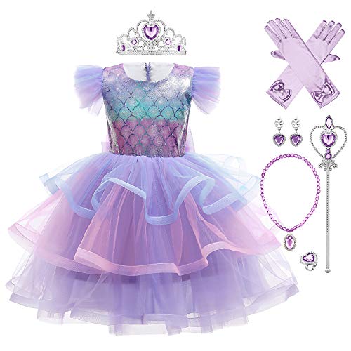 IMEKIS Disfraz de sirena para niños y niñas, disfraz de princesa, fantasía, carnaval, cosplay, lentejuelas, fiesta de cumpleaños, tutú con accesorios de hada, Color lila., 3-4 Años Cover