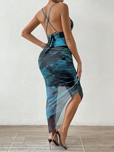 Image of LIGHT DOT Women's Spaghetti Strap Printed Bodycon Ruched Midi Cocktail Dress Sexy Cowl Neck Tie Dye