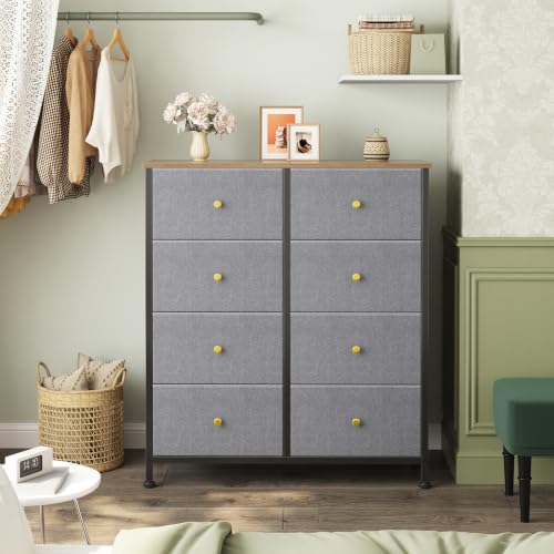 Image of OLIXIS 8 Drawer Storage Dresser for Bedroom, Closet Organizers Units | Fabric Dresser with Wooden Top, Chest of Drawers Clothes Storage, Tower Cabinet, TV Stand Furniture, Gray Blue
