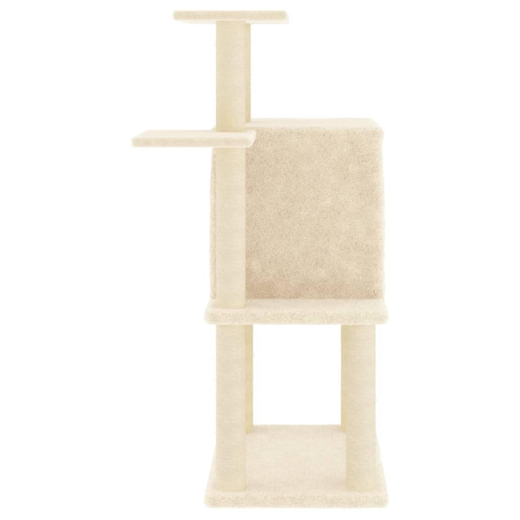 Kratzbaum mit Sisal-Kratzsäulen und Katzenhaus, 97 cm hoher Katzenbaum aus Holzwerkstoff und Plüsch, Kletterbaum für Katzen zum Klettern und Ausruhen, Creme