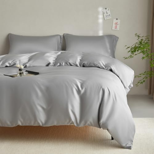 DCSKY Queen Size Tencel Duvet Cover Set 3-Piece - 100% Lyocell Bedding Set, Silky Smooth & Hypoallergenic, Temperature Regulating for Hot Sleepers (Grey, 104x90 Inches)