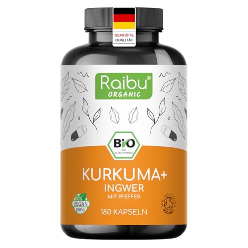 Raibu BIO Kurkuma mit Ingwer Kapseln mit Schwarzem Pfeffer - 180 Hochdosierte Curcuma Komplex Kapseln - Bio-Qualität, Ohne Zusätze & Vegan aus Deutscher Produktion Raibu BIO Kurkuma mit Ingwer Kapseln mit Schwarzem Pfeffer - 180 Hochdosierte Curcuma Komplex Kapseln - Bio-Qualität, Ohne Zusätze & Vegan aus Deutscher Produktion