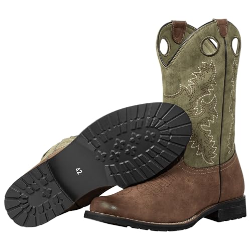 J's.o.l.e Western Mens Cowboy Boots Round Toe Work Boot Slip On Pu Leather Embroidered Casual Dress Boots Brown3