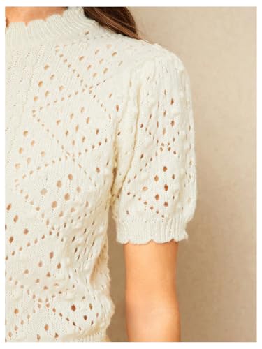 Verdusa Women's Puff Short Sleeve Button Down Cardigan Scalloped Hollow Out Crochet Sweater4