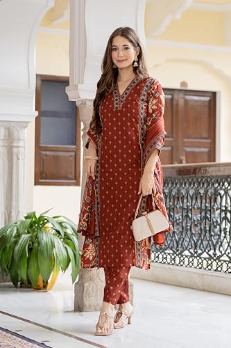 Image of MEERA FAB Women's Cotton Blend Straight Printed Kurta with Palazzo & Dupatta