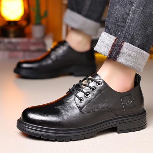 Mens Leather Lace-Up Dress Oxfords Shoes Round Toe Non Slip Chunky Heels Casual Derby Shoes for Formal Business Wedding3