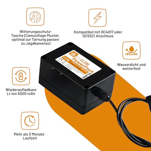 icuserver ICU Powerpack 5.0 Ah - Super Li-Ion Akku, 4-5x Langlebiger, Universal Netzteil, Kompatibel mit Allen Wildkameras mit 12 Volt und DC4017 oder DC5521 Anschluss
