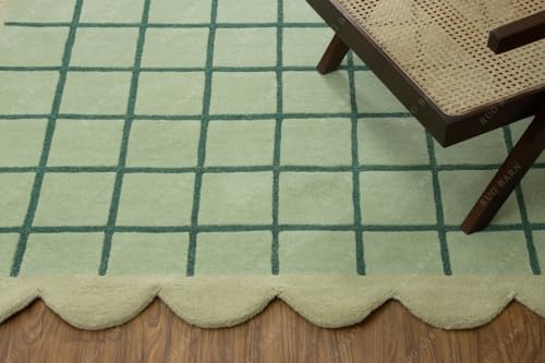 Image of Hand-Tufted 100% Wool Area Rug - 7x7 Ft, Round Mint Green Base with Teal Blue Windowpane Grid & Sage Scalloped Border, Soft Pile Modern Carpet for Living Room, Bedroom, Nursery & Kids Room