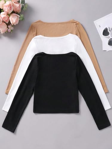Floerns Girls 3 Pcs Basic Rib Knit Tshirt Solid Long Sleeve Crewneck Tee Shirt2