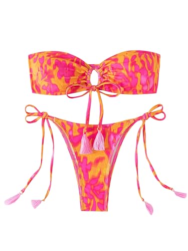 GORGLITTER Women's Strapless Swimsuit Bandeau Floral High Cut Thong Cheeky Sexy Bikini Set
