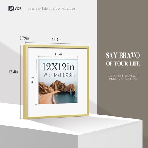 Image of VCK 12x12 Frame Gold Metal, Real Glass, 8x8 Mat, 3 Pack, for Picture Print