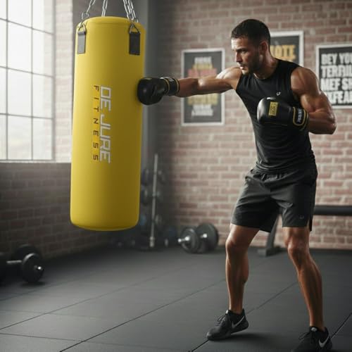Image of De Jure Fitness Heavy Duty Punching Bag with Rust-Proof Stainless Steel Hanging Chain | Durable Polyester Fabric | Comfortable Recycled Filling | Boxing MMA, Kickboxing (Polyester-Filled-Yellow, 3 Ft)