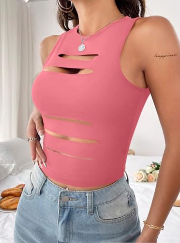 Image of LovelyWholesale Women Sexy Cut Out Crop Tank Tops Crew Neck Summer Sleeveless Top