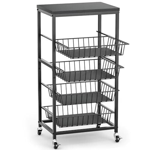 Venkuber Snack Cart, 5-Tier Kitchen Carts on Wheels with Storage,Fruit Basket Stand with Pull-Out Baskets and Wood Top,Kitchen Organizer for Fruit Vegetable Snack (Black) by Venkuber - Image 9