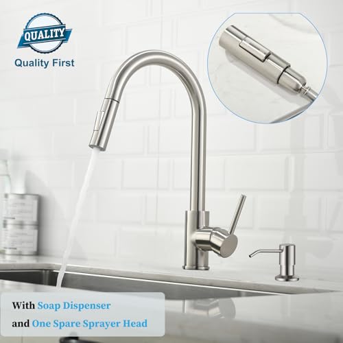 Image of Havin Brushed Nickel Kitchen Faucet with Pull Down Sprayer,High Arc Stainless Steel Material,cUPC Cartridge,with A Spare Sprayer and Soap Dispenser,fit for 1 or 2 Holes Sink