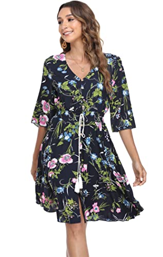 Image of VintageClothing Women's Floral Sundresses Flowy Boho Summer Beach Dress | Lightweight Breathable material,Elegant V Neck and Button Front Design,Flared Bell Sleeve Cut,Mini Casual dress