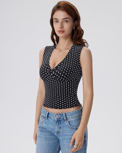 Image of SUUKSESS Women Built in Bra V Neck Tank Tops Double Lined Summer Going Out Camisole Tops
