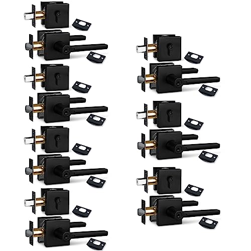 Image of NEWBANG (7Pack) Square Heavy Duty Keyed Entry Combo with deadbolt and Lever Door Handle in Matte Black (for Entrance /Exterior /Front /Office Door) Left or Right Handed