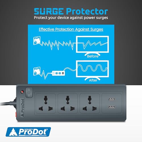 Image of Prodot 3 Universal Sockets with 2 USB Ports Surge Protector I 5m Heavy-Duty Copper Cord | Up to 2500W (250V~10A) I Automatic Overload Protection I Shock-Proof ABS Body I Home, Office & Travel Use