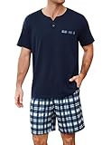 Bresdk Pyjama Homme Court Coton Haut de Pyjama Carreaux Vêtements de Nuit pour Homme Été B...