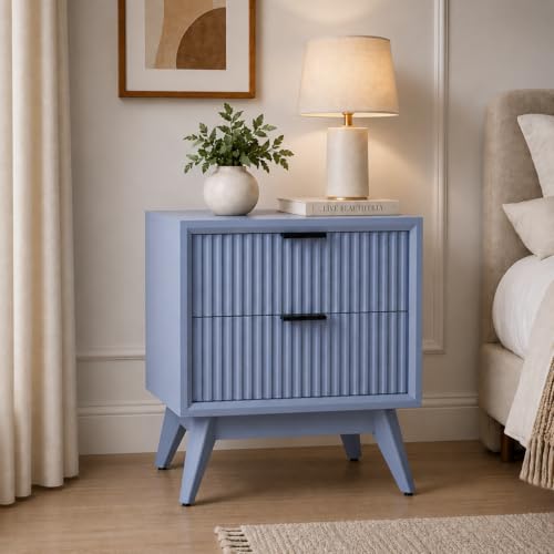 Image of Wooden Bedside Table for Bedroom | Wooden Bed Side Nightstand Lamp Table with 2 Drawers for Home & Hotels | End Side Table for Living Room | HDMR Premium Wood in Fluted- Grey Finish