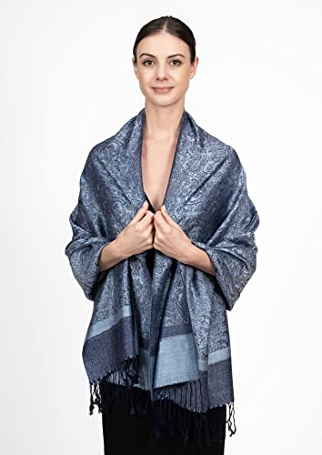 Achillea Two Tone Vintage Jacquard Paisley Pashmina Shawl Wrap Scarf (Steel Blue) #TOP2