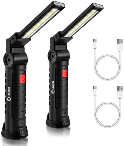 LED Inspection Lamps Rechargeable COB Work Lights with 5 Light Modes, Magnetic Torch 360° Rotatable Portable Workshop Lamps with Hook & Magnetic Base for Camping Car Repair Emergency Household (2 PCS)