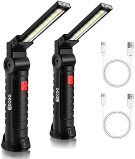 LED Inspection Lamps Rechargeable COB Work Lights with 5 Light Modes, Magnetic Torch 360° Rotatable Portable Workshop Lamps with Hook & Magnetic Base for Camping Car Repair Emergency Household (2 PCS)
