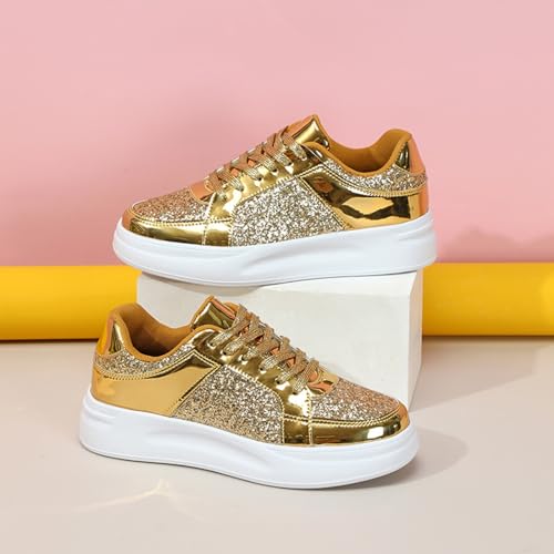 Women's Platform Glitter Fashion Sneakers Dressy Sparkly Tennis Shoes Lace up Bling Wedding Bridal Shoes Shiny Sequin Shoes (b-Gold, 10)2
