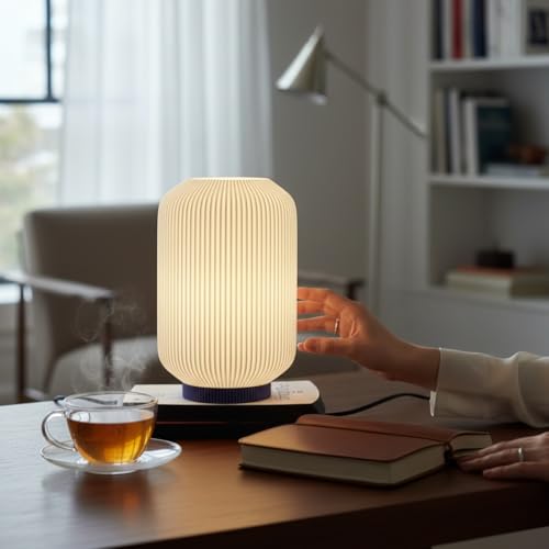 Image of Modern 3D Printed Table Lamp| Bedside Night Lamp | Warm Ambient Light for Bedroom, Living Room, Study Table & HomeDecor | Minimalist LED Desk Lamp for Cozy Lighting (Base- Lavender)