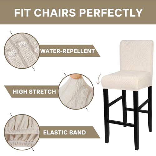 Image of SearchI Water Repellent Bar Stool Covers Set of 4, Stretch Washable Barstool Seat Covers, Counter Height Chair Covers for Kitchen Dining Room Cafe (Beige Ripple Jacquard)