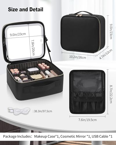 Makeup Bag With LED Mirror, Travel Makeup Case with Light up Mirror Large Cosmetic Case with 3 Color Lighted Portable Organizer Bag with Adjustable Dividers（Black）2