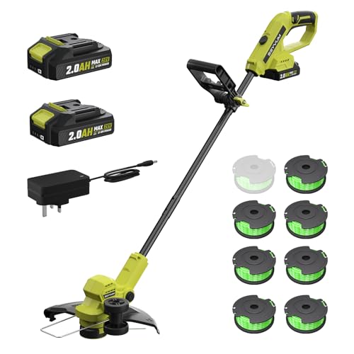 Cordless Strimmer with 2 X 2.0Ah Battery and Charger,Garden Strimmer Adjustable Grass Trimmer 90°Head Rotation with 30cm Cutting Width, edge Trimmer With 8psc Grass Cutter Spool Line for Lawns