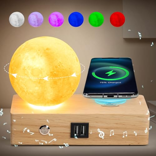 ZOOPEEN Wireless Charging Atmosphere Lamp with Bluetooth Speaker Moon Night Light 15W Wireless Charger Speaker for Bedside Lamp Desk with Two USB Ports Ambient Lighting for Christmas Gifts