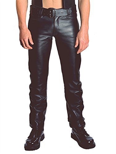 Mister B. Herren MrB-Jeans Zip 34 Classic Leather Reisverschluß vorne-100% natürlichem Kuhleder mit Anilin bearbeitet-Bund Zoll, Schwarz, 34 inch Cover