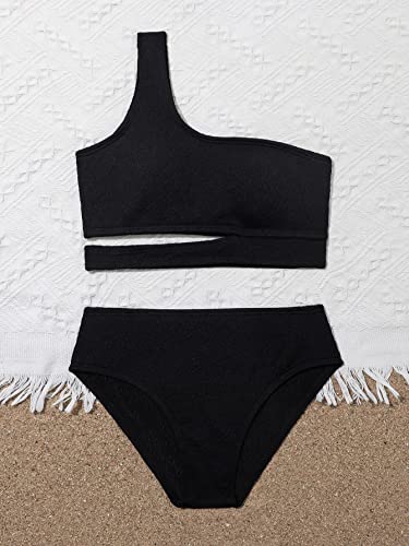 Image of WDIRARA Girl's Cut Out One Shoulder Bikini Swimsuit Bathing Suit 2 Piece Swimwear Black 150