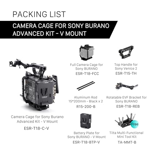 Image of Tilta Camera Cage Compatible with Sony BURANO | Arri Rosettes, 1 /4 inch-20 and 3 /8 inch-16 Threads | w /Top Handle, Left /Right Side Arm, Battery Plate (Advanced Kit - V Mount)