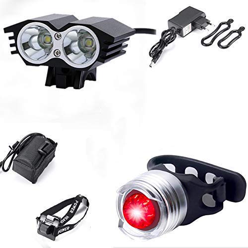XMH Faro de Bicicleta, Luz Bicicleta Delantera Led Foco Luces Bicicleta 2 led 5000 LM Impermeable 4 Modos con luz Trasera para Alpinismo, Ciclismo, Camping (2 led Black)