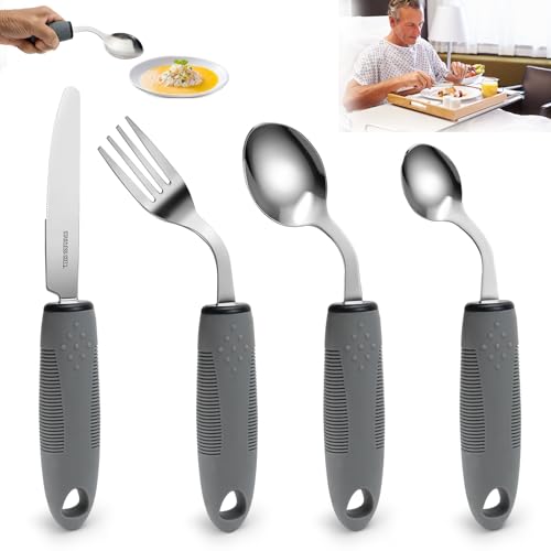 NCTNCX Parkinson Besteck Edelstahl Set 4-Teiliges Griffverdickung Besteck 42° Winkel Parkinson Hilfsmittel Esshilfe FüR Senioren,Behinderte,...
