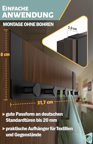 Menz Türgarderobe zum Einhängen, Schwarz - Edelstahl Tür-Garderobe mit Türhaken in runder Ausführung, stabile Türhakenleiste zum Einhängen, praktische Kleiderhaken Tür