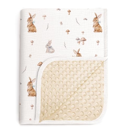 Image of lulumoon Baby Blankets for Newborn Unisex: Thermal Minky Dotted Backing with Bunny Print - Muslin Receiving Blanket for Baby Essential & Registry Gift 30"x40"(Bunny)