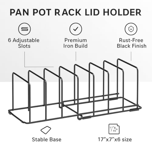 Image of Craftize Mstore pot rack Pan Pot Rack Lid Holder Countertop - 6 Slot Adjustable Cookware Organizer, Black Iron Pot Lid Stand 17 inch x 7 inch x 6 inch, Kitchen Counter Storage Rack for Pots & Pans (Modern)