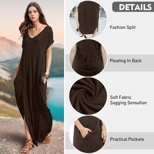 Image of Match Women's V-Neck Casual Loose Short Sleeve Long T-Shirt Dress Split Maxi Dress with Side Pocket