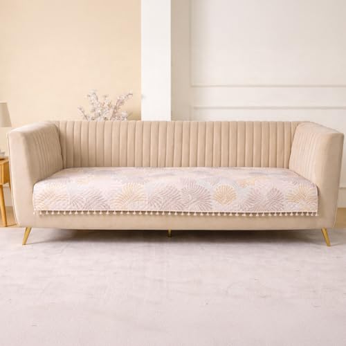 Image of HOMEMONDE 3 Seater Quilted Velvet Printed Sofa Cover with Tassels |Soft, Durable & Premium Fabric with Tassels | Sofa Cover Mats for Living Room, Bedroom & Office (76 X 178 CM, Opal Palms)
