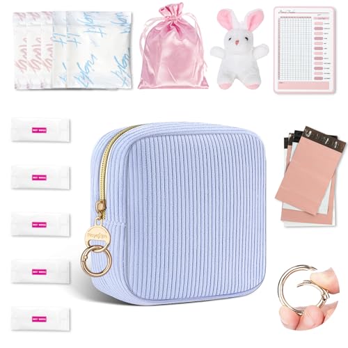Image of First Period Kit for Girls, Corduroy Cute Sanitary Napkin Storage Bag, Menstrual Pad Bag Tampon Holder for Purse, First Period Gifts (Blue)